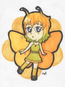 Traditional illustration of a chibi girl based on the Clouded Sulphur Butterfly